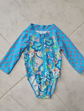 Tommy Bahama Girls Blue Paisley & Floral Long-Sleeve One-Piece 6/9M